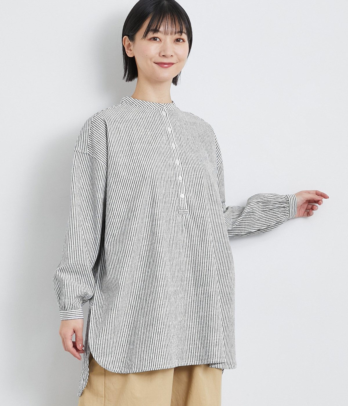 コットンリネンストライプ ヘンリーネックチュニック(ブラックストライプ-ONESIZE)