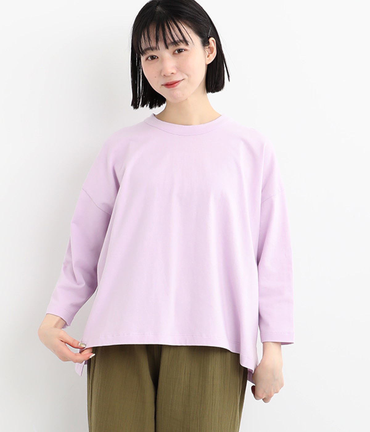 リサイクルコットン天竺 前後差ワイド７分袖Tシャツ(ラベンダー-ONESIZE)