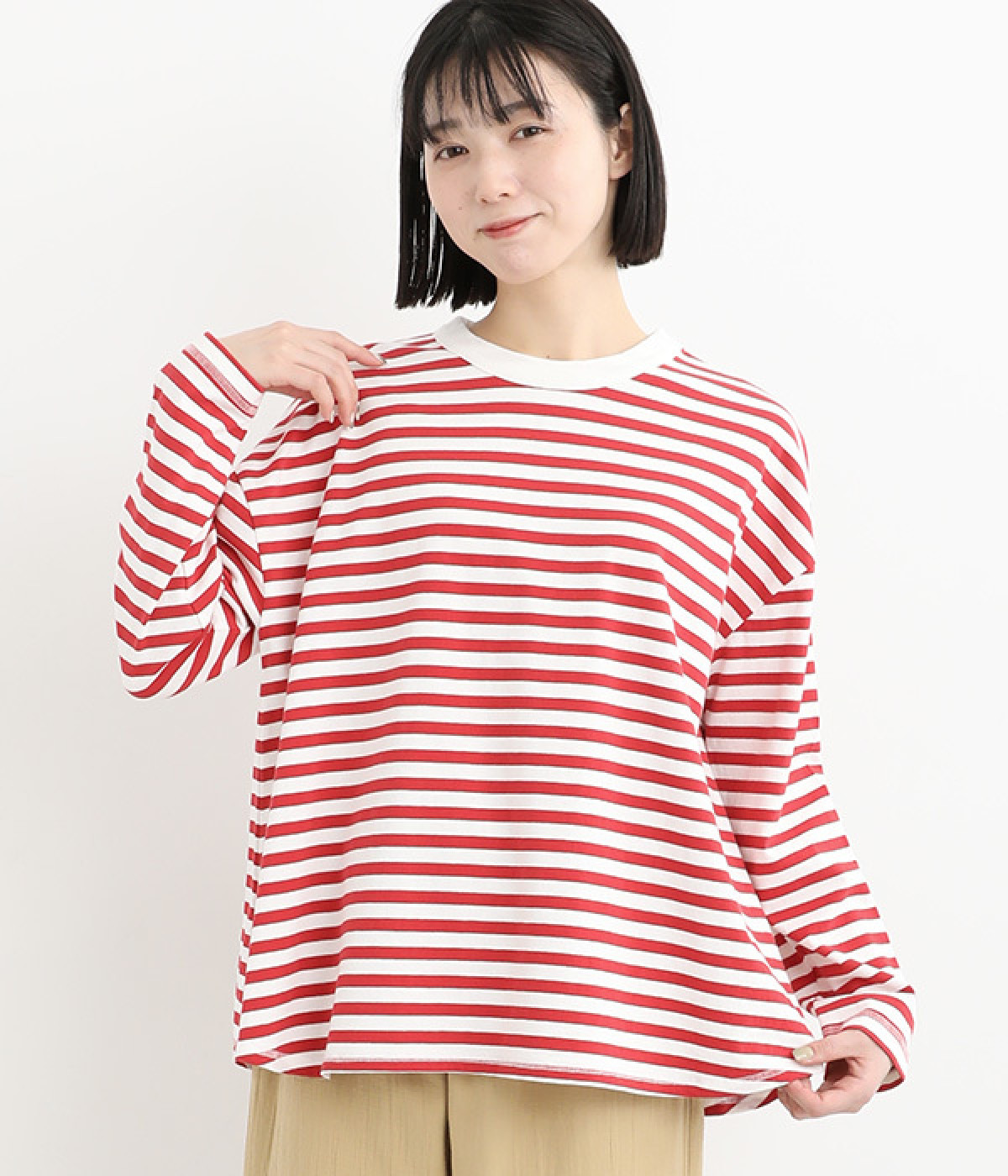 リサイクルコットン天竺 ボーダー裾フレアーワイド長袖Tシャツ(オフホワイト×レッド-ONESIZE)
