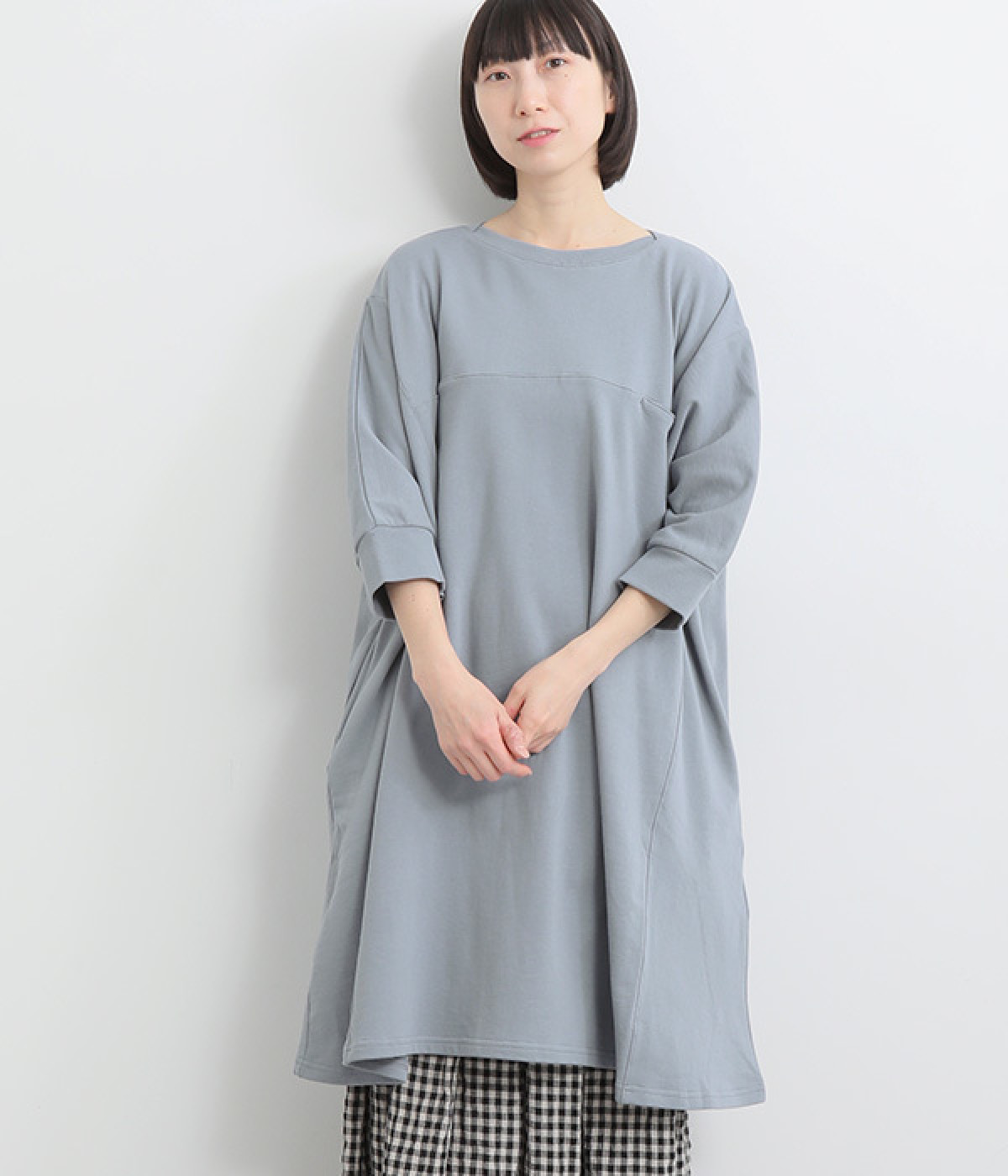 コットン 切替ドルマン6分袖チュニック(アッシュブルー-ONESIZE)
