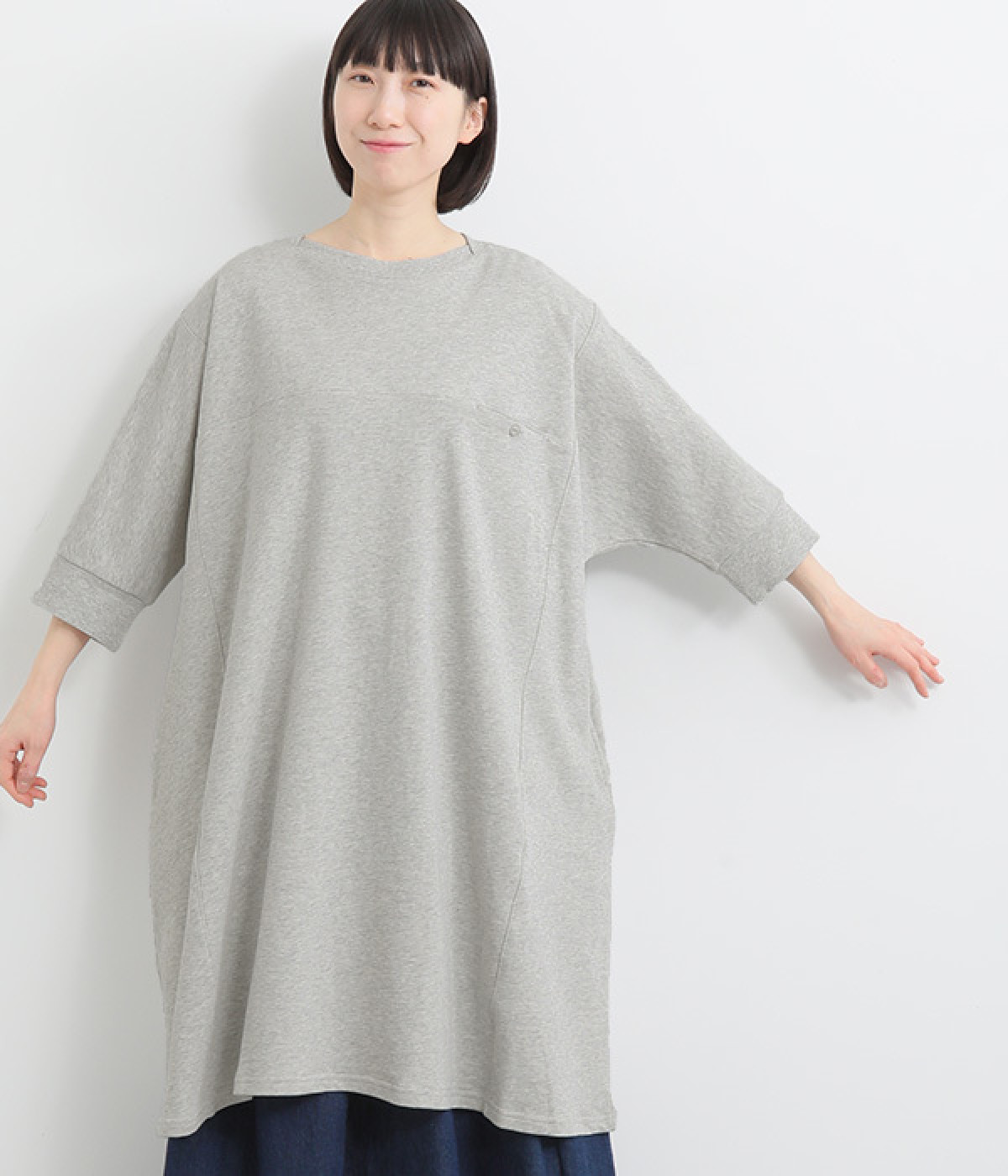 コットン 切替ドルマン6分袖チュニック(杢グレー-ONESIZE)