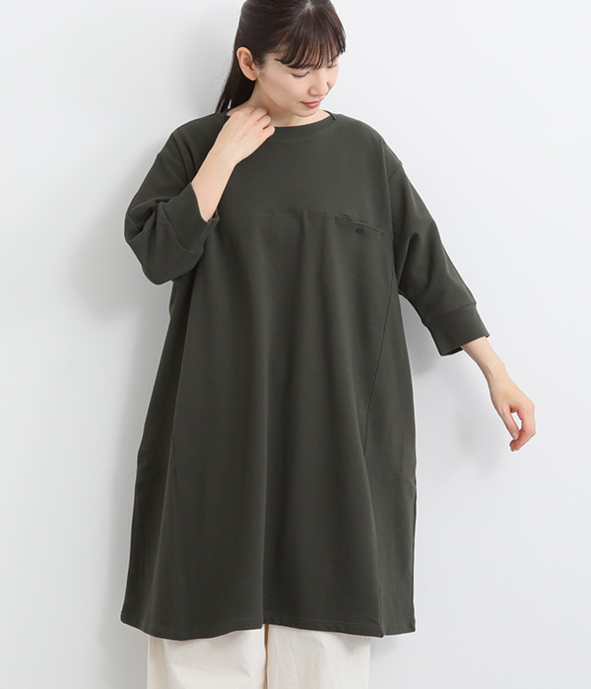 コットン 切替ドルマン6分袖チュニック(スミクロ-ONESIZE)