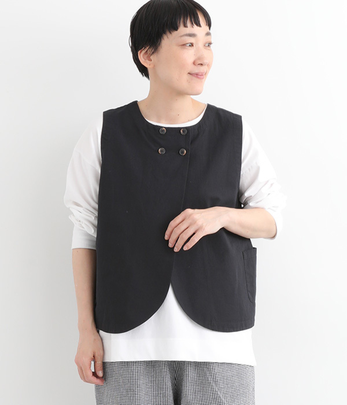 コットンリネンウェザークロス2wayダブルボタンポケ付ベスト(ブラック-ONESIZE)