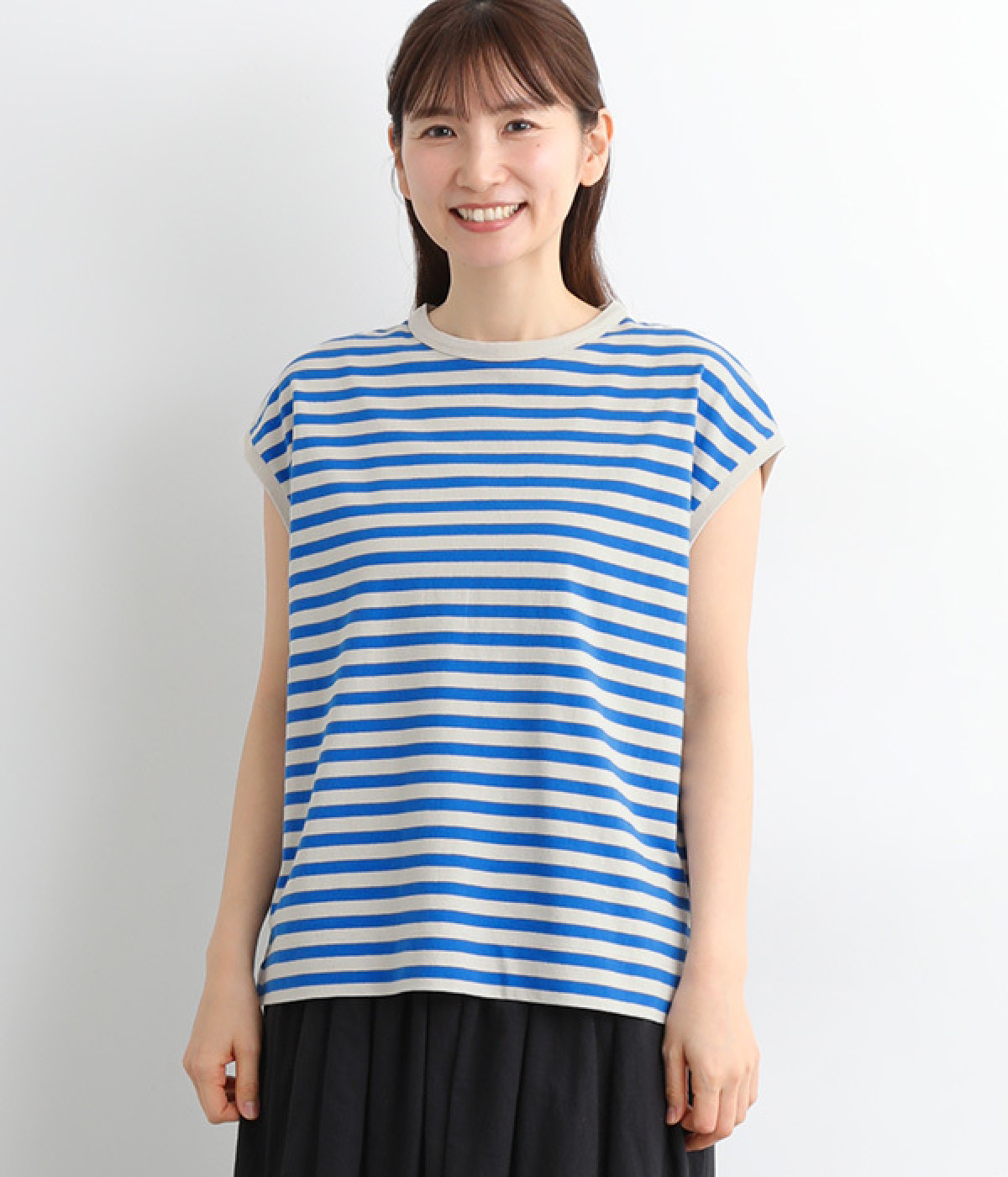リサイクルコットンボーダー天竺ワイドフレンチスリーブTシャツ(ペールベージュ×ブルー-ONESIZE)