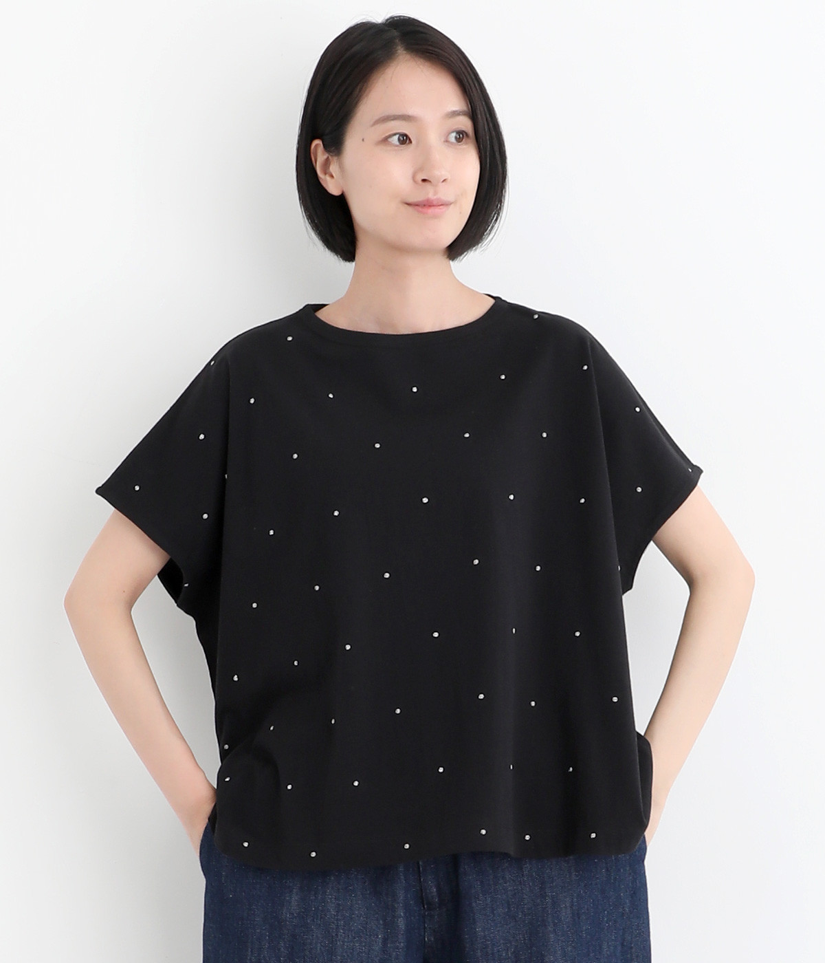 部分ラメ刺繍フレンチスリーブワイドプルオーバー(ブラック-ONESIZE)