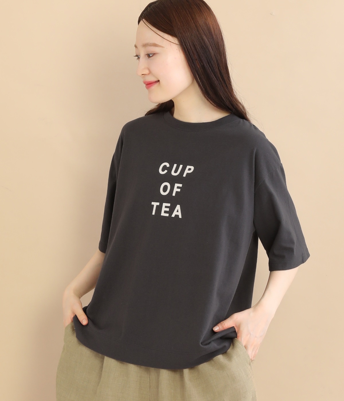 ラフィ天竺汗ジミ防止加工CUP OF TシャツEA プリントTシャツ(スミクロ-ONESIZE)