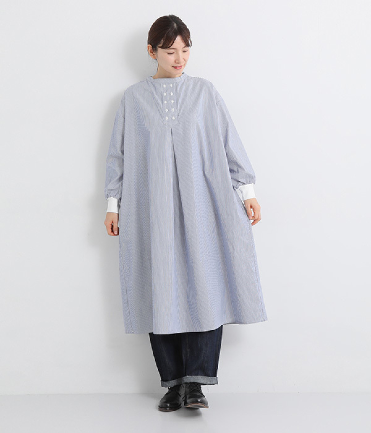 袖口フライスW釦ヘンリーネックワンピース(ネイビーストライプ-ONESIZE)