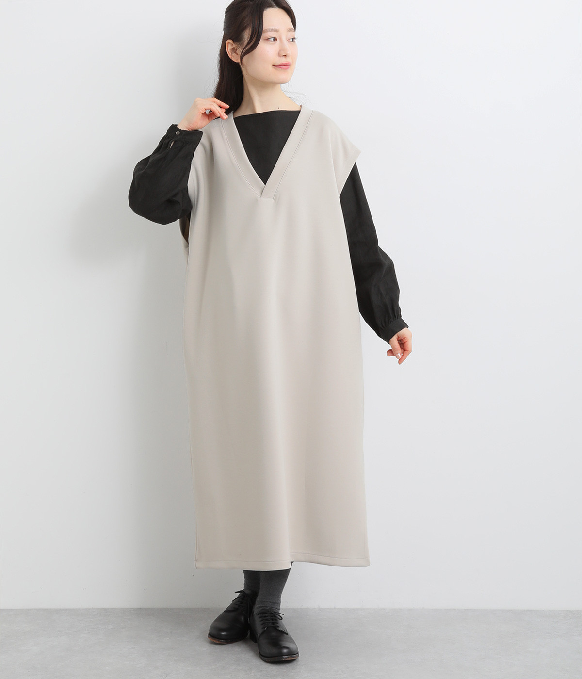 ダンボールニット 深Vネックジャンパースカート(グレージュ-ONESIZE)
