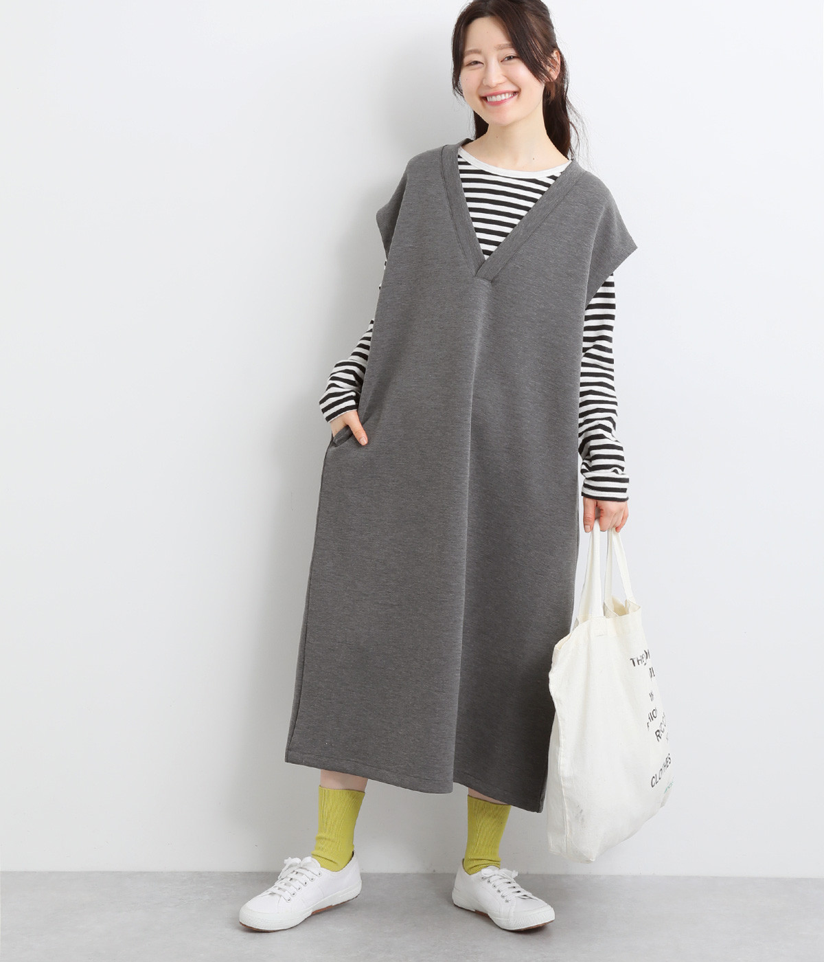 ダンボールニット 深Vネックジャンパースカート(杢チャコール-ONESIZE)