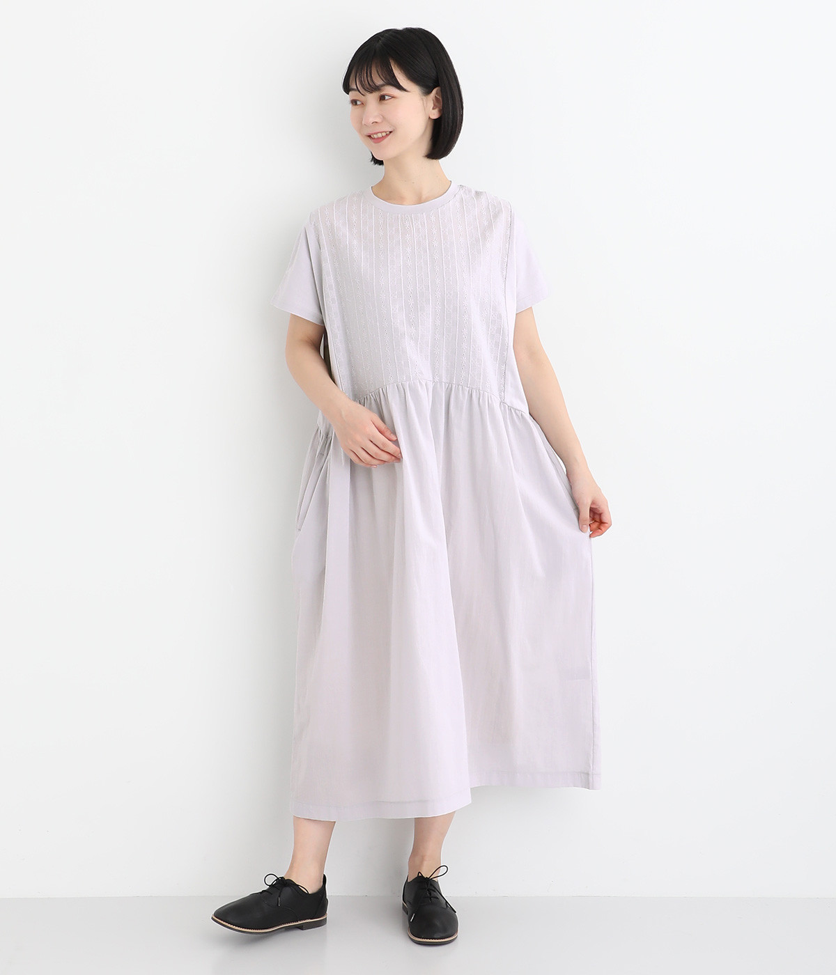 カットソー×布帛刺繍×コットンローン切替ギャザーワンピース(ライトグレー-ONESIZE)