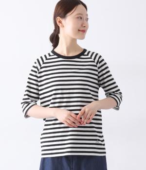 リサイクルコットン天竺ボーダーラグラン5分袖Tシャツ(オフホワイト×ブラック-L)