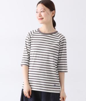 リサイクルコットン天竺ボーダーラグラン5分袖Tシャツ(オフホワイト×セピア-L)