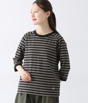 リサイクルコットン天竺ボーダーラグラン7分袖Tシャツ(チャコール×ブラック-M)