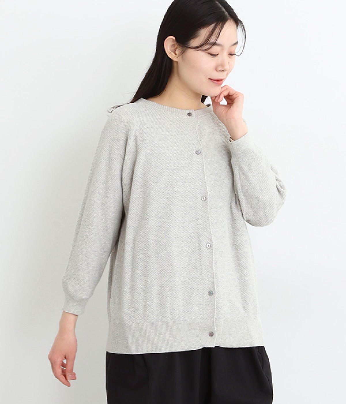 コットン鹿子編みニットカーディガン(グレー-ONESIZE)