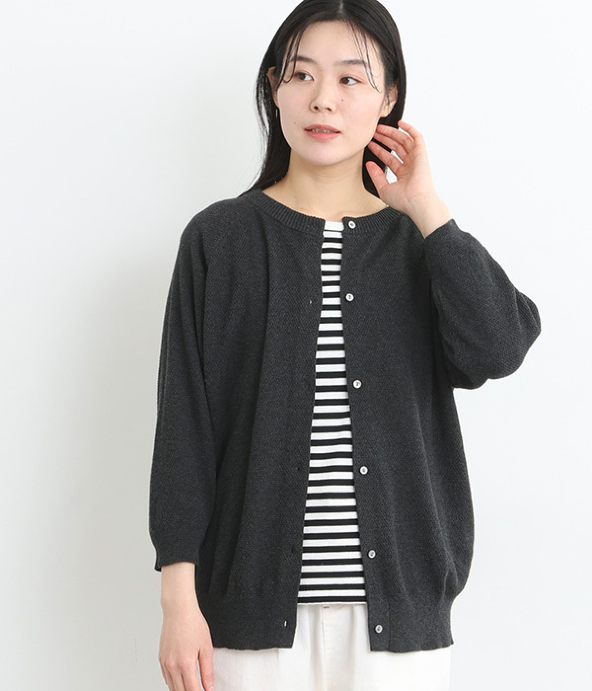 コットン鹿子編みニットカーディガン(チャコール-ONESIZE)