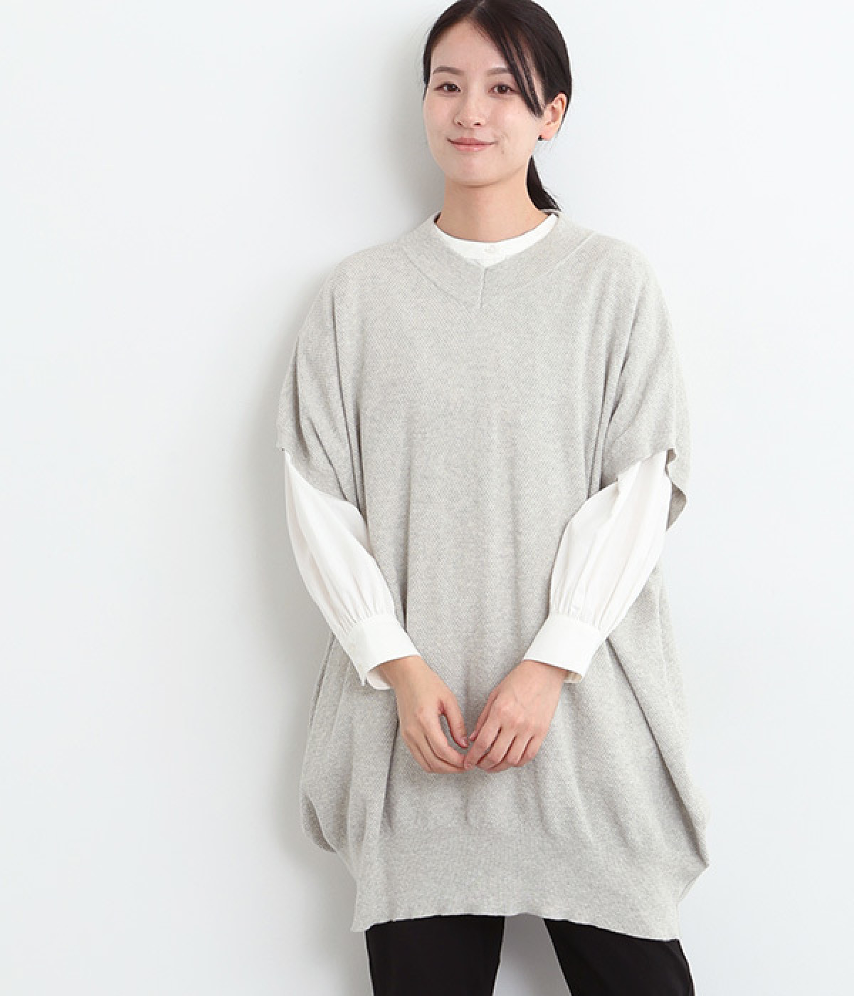 コットン鹿子編みニットチュニックベスト(グレー-ONESIZE)