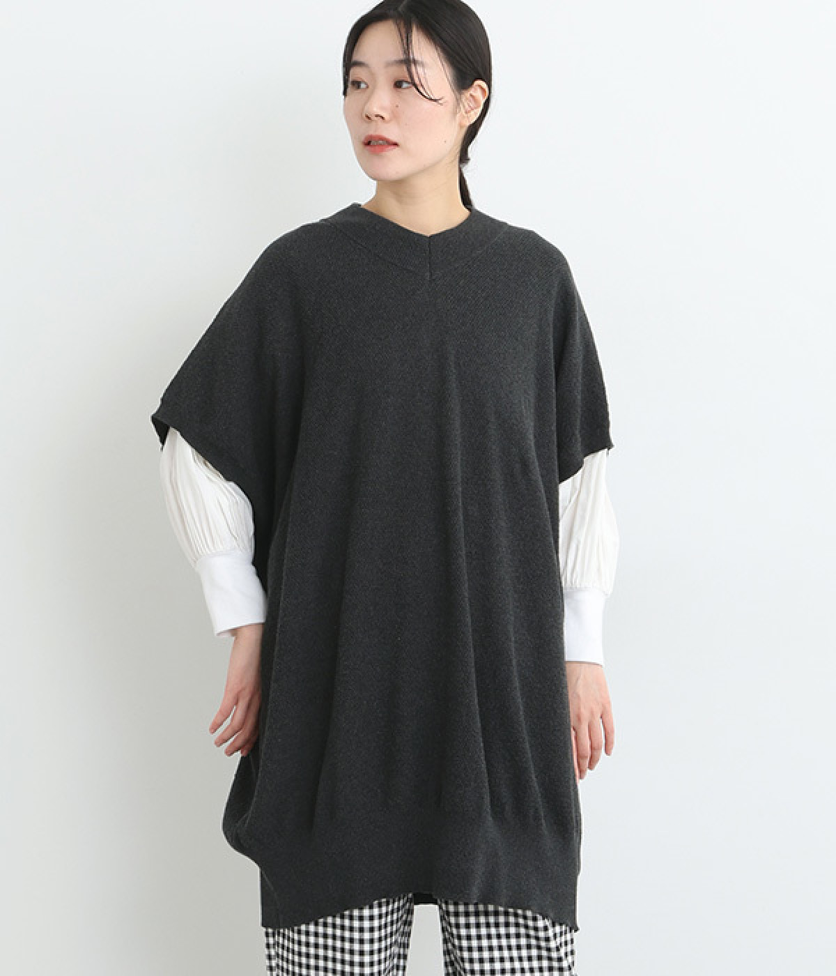 コットン鹿子編みニットチュニックベスト(チャコール-ONESIZE)