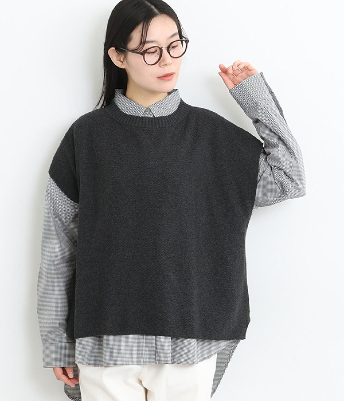 コットン鹿子編みニットプルオーバー(チャコール-ONESIZE)