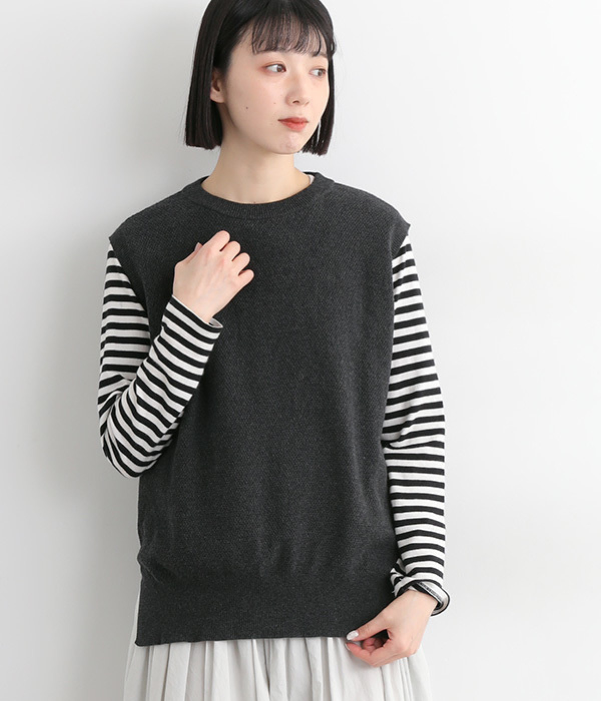 コットン鹿子編みニットベスト(チャコール-ONESIZE)