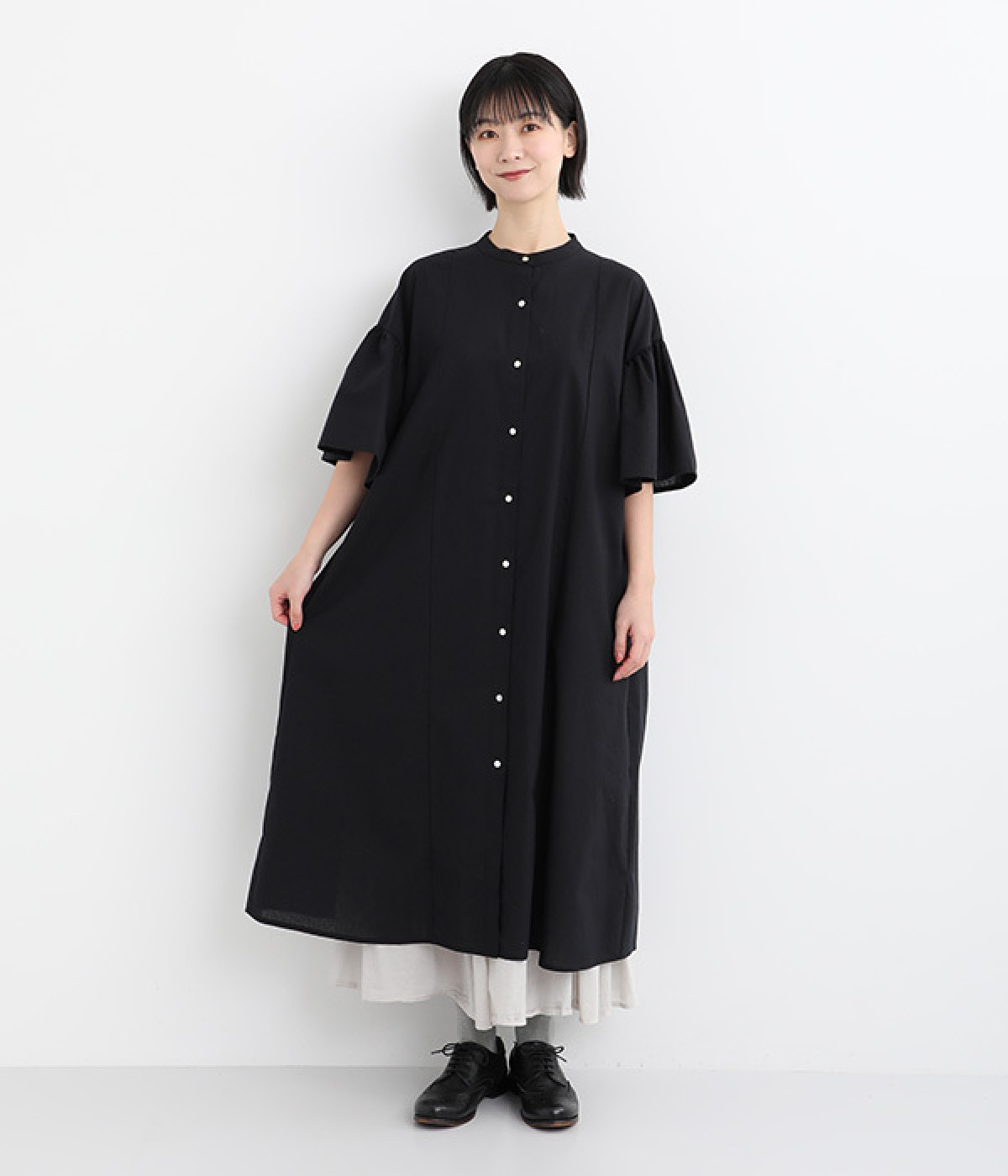 リネンコットン袖ギャザーワンピース(ブラック-ONESIZE)