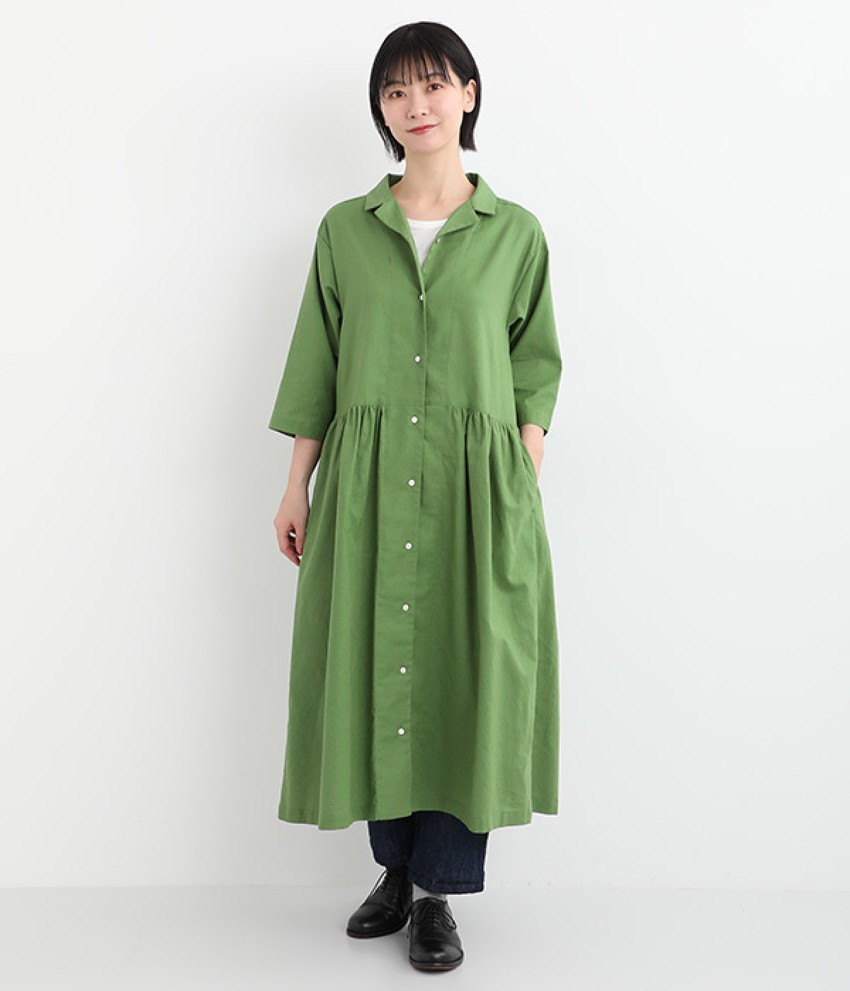 リネンコットンオープンカラーワンピース(グリーン-ONESIZE)