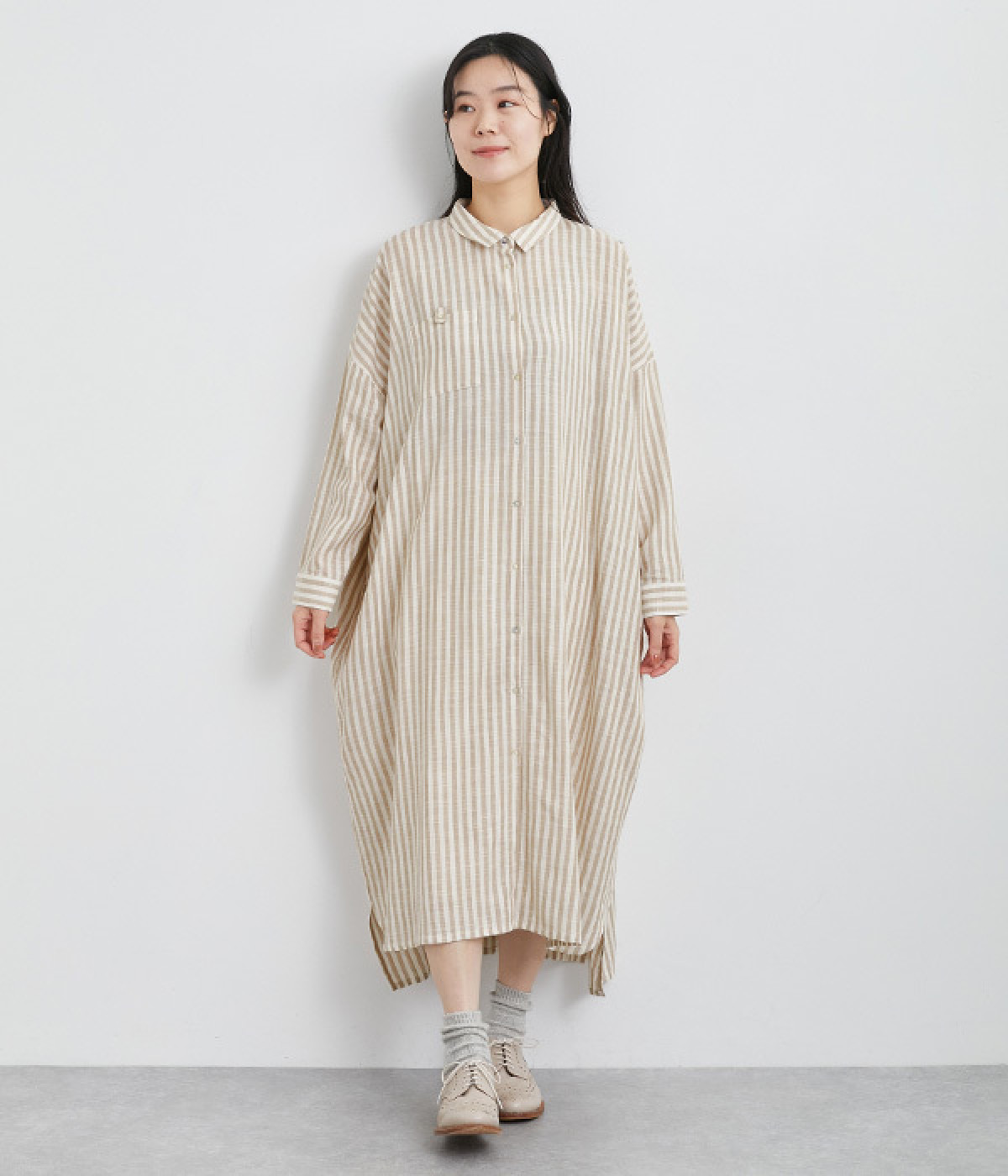 リネンレーヨンストライプシャツワンピース(ベージュストライプ-ONESIZE)