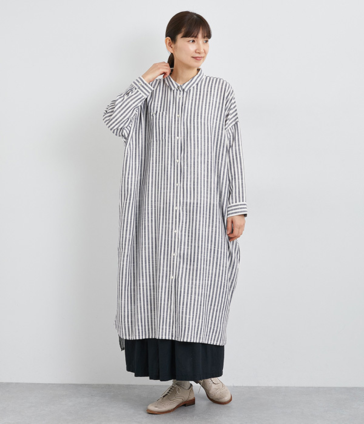 リネンレーヨンストライプシャツワンピース(ネイビーストライプ-ONESIZE)
