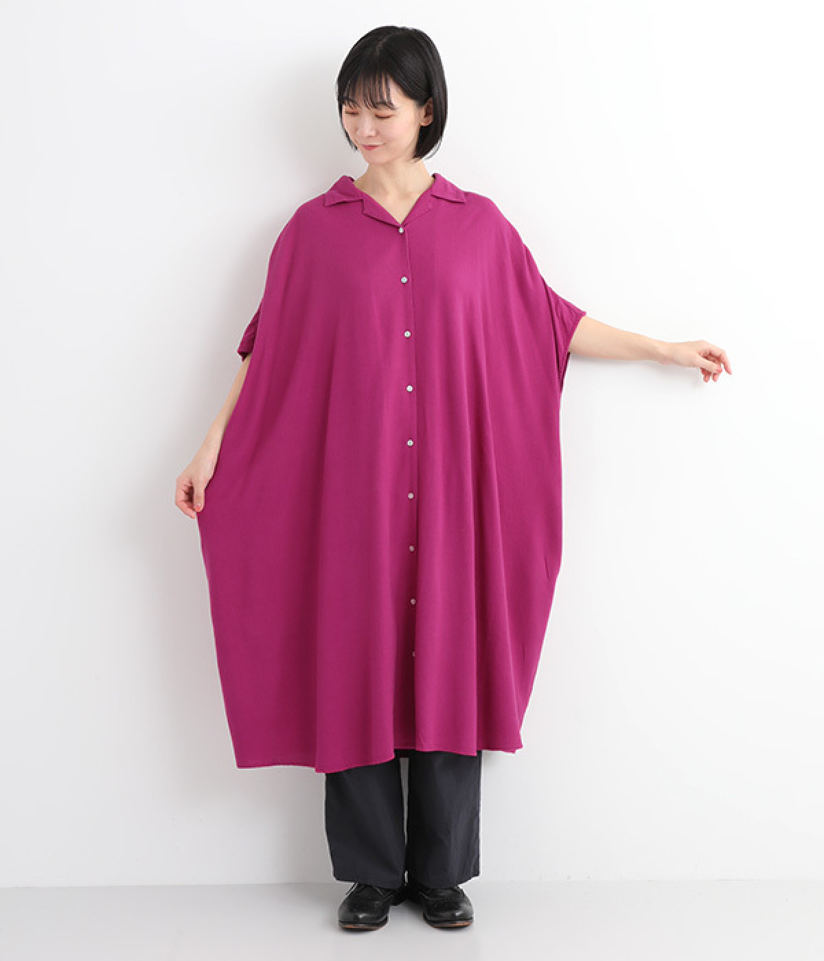 リネンレーヨンオープンカラーワンピース(ベリー-ONESIZE)