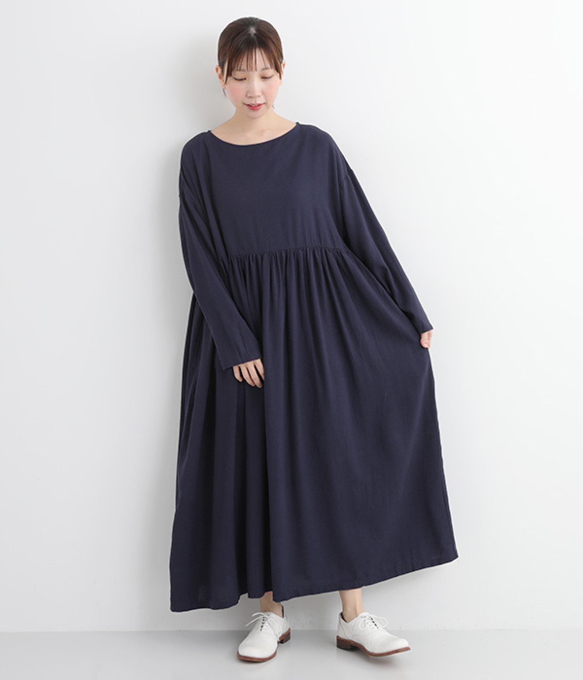 リネンレーヨンウエストギャザーワンピース(ネイビー-ONESIZE)