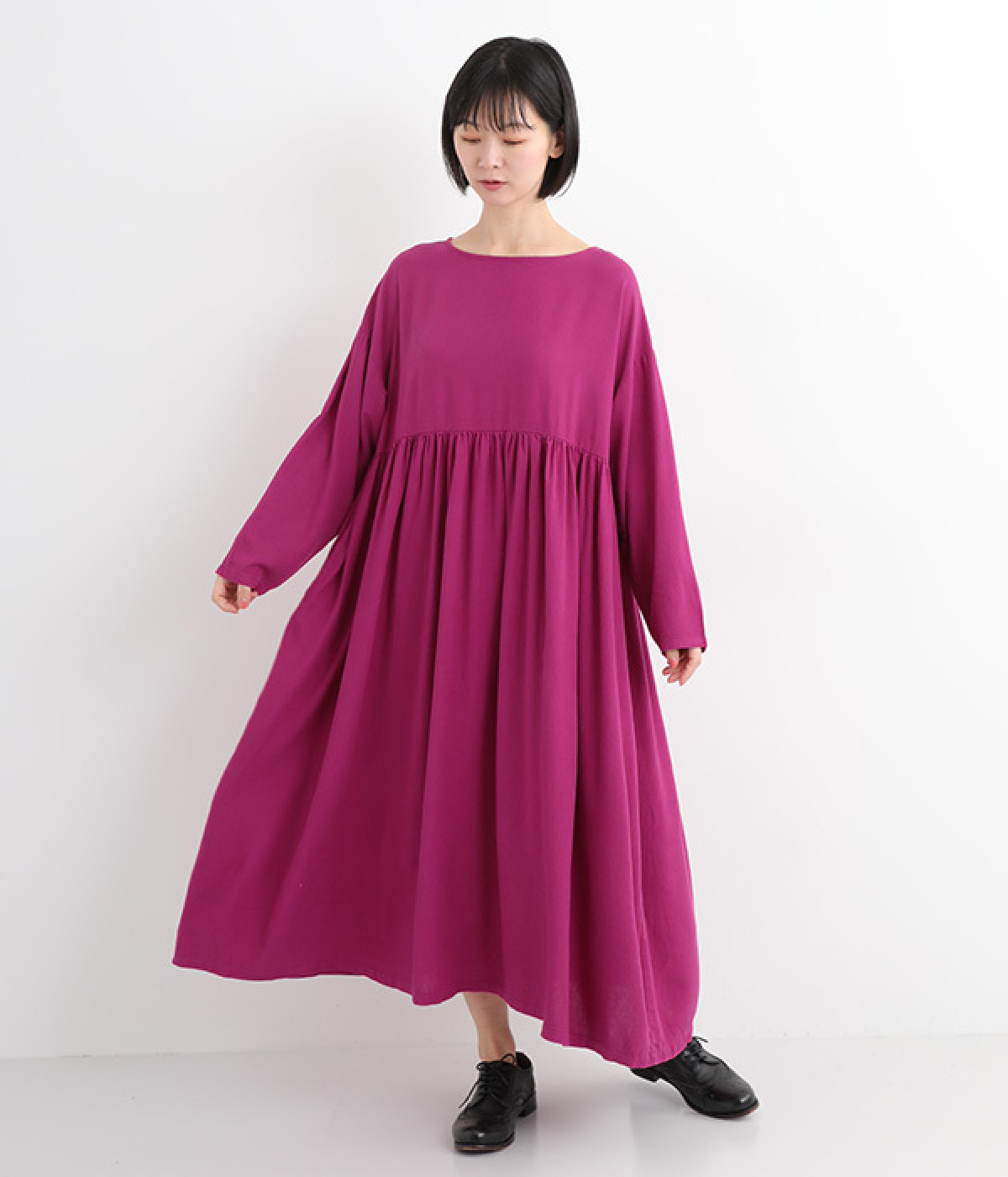 リネンレーヨンウエストギャザーワンピース(ベリー-ONESIZE)