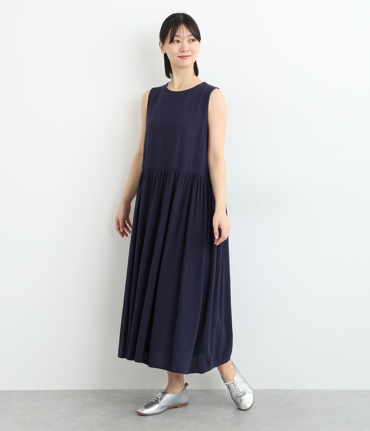リネンレーヨンウエストギャザー切り替えワンピース(ネイビー-ONESIZE)