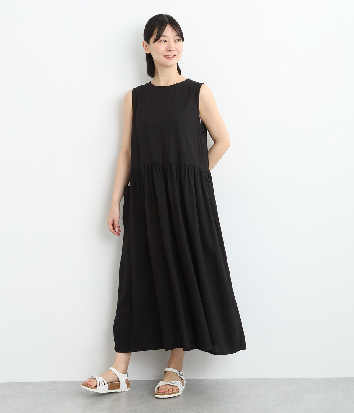 リネンレーヨンウエストギャザー切り替えワンピース(ブラック-ONESIZE)