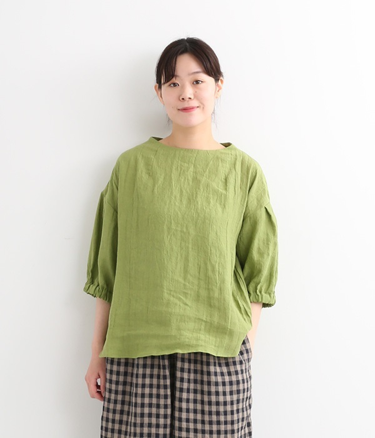 フレンチリネン　ボトルネック6分袖ゴムブラウス(オリーブ-ONESIZE)
