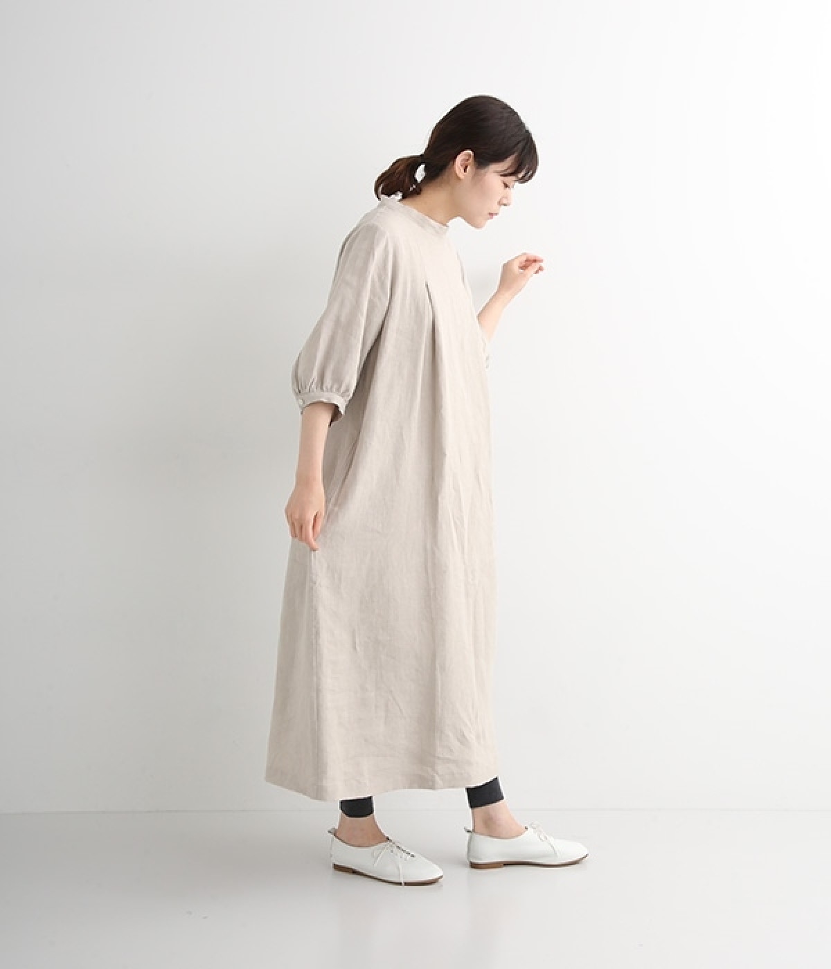 6分袖　オフスタンドカラーワンピース(グレー-ONESIZE)