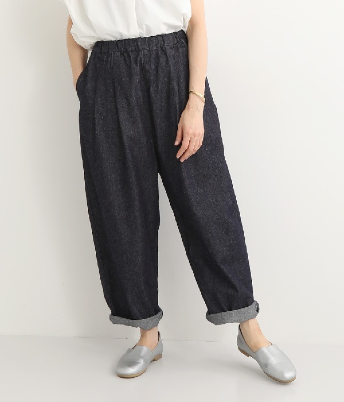 デニムサルエル風ロングパンツ(ネイビーワンウォッシュ-ONESIZE)