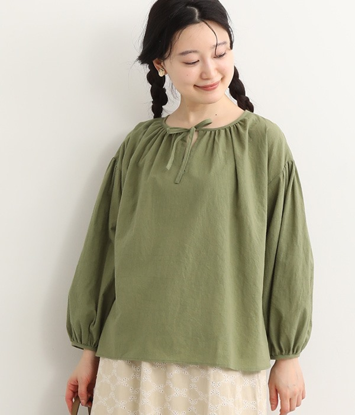 東炊きパイピングリボンブラウス(モスグリーン-ONESIZE)
