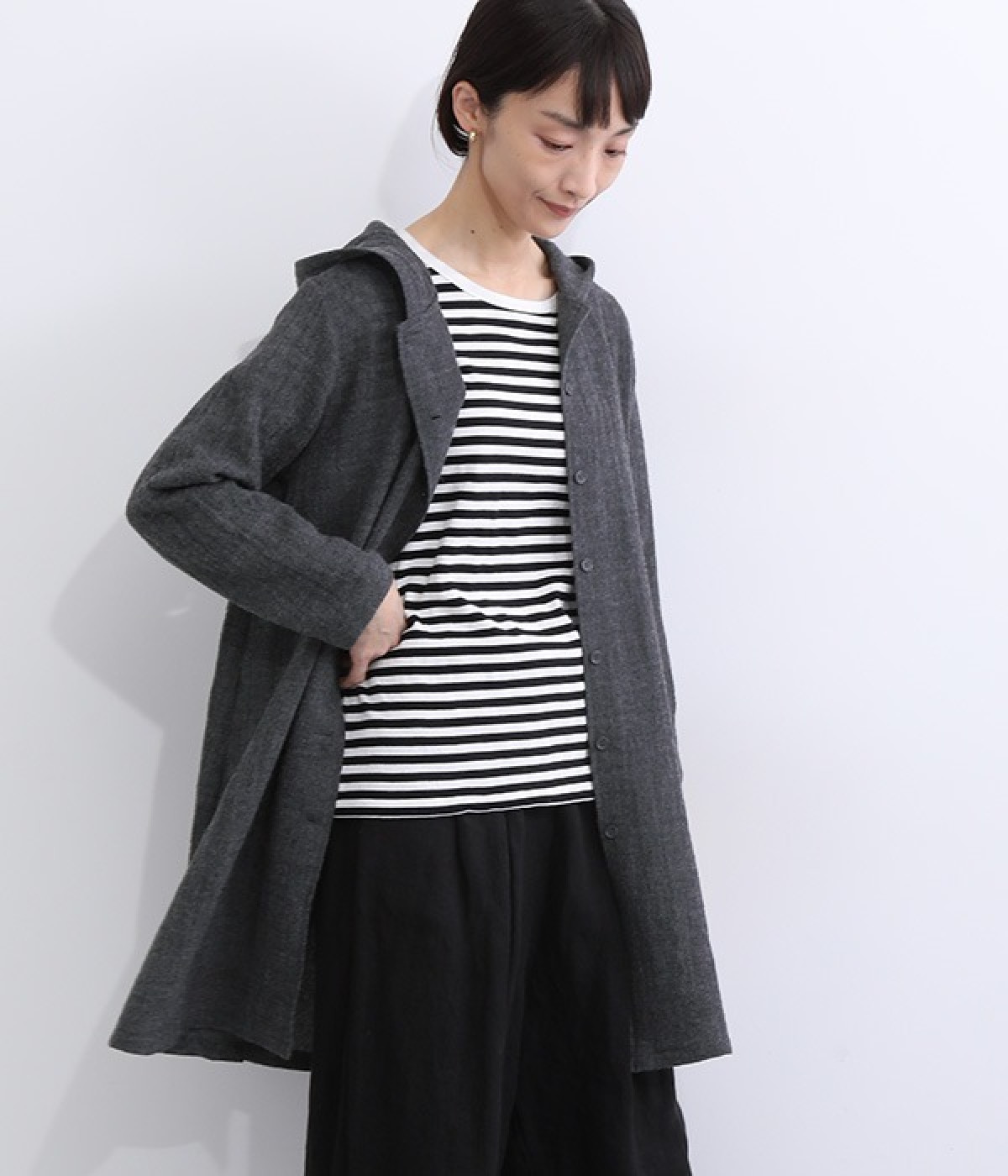 ウールガーゼフードカーディガン(チャコール-ONESIZE)