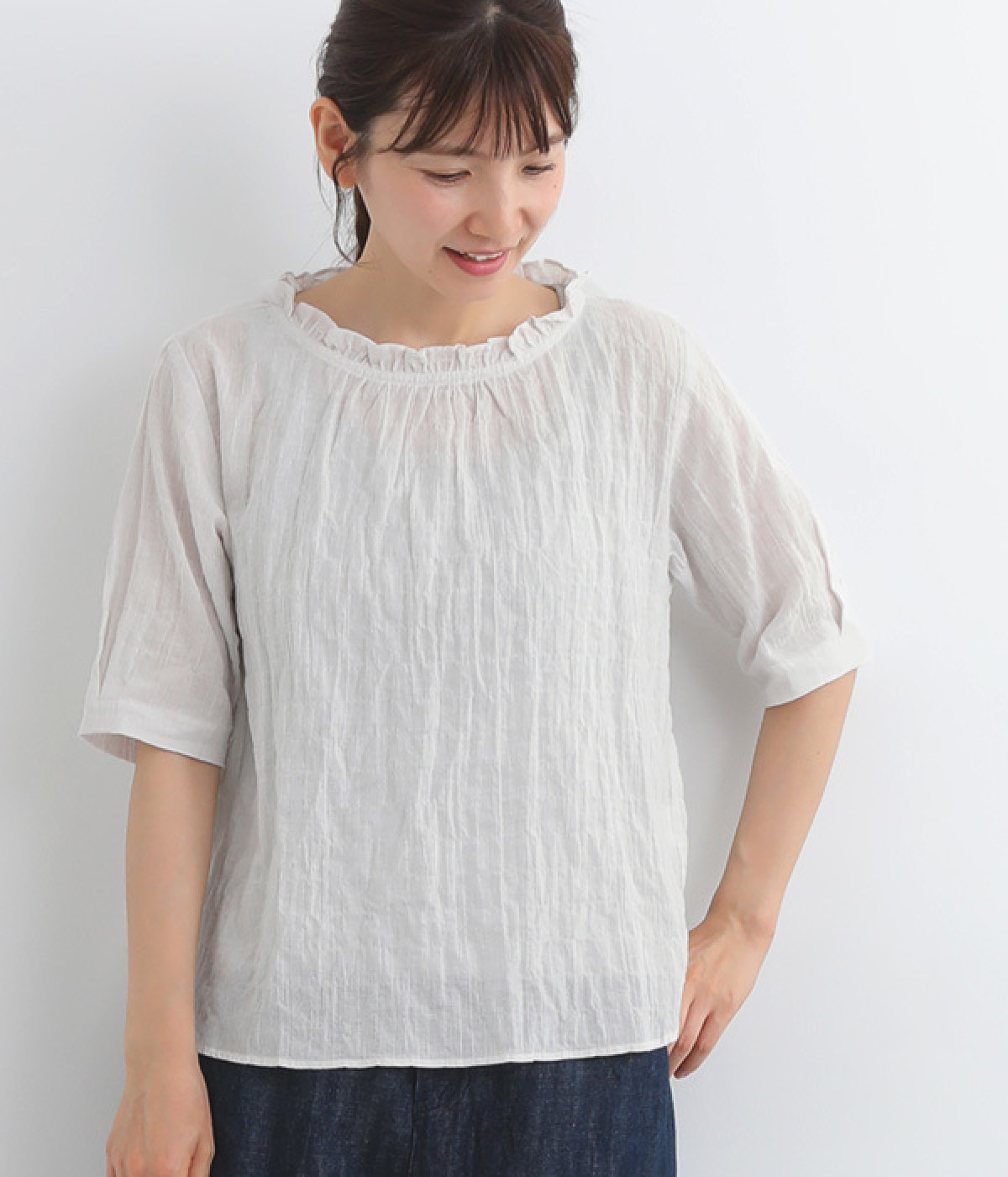 襟フリルストライプ柄5分袖ブラウス(グレーストライプ-ONESIZE)