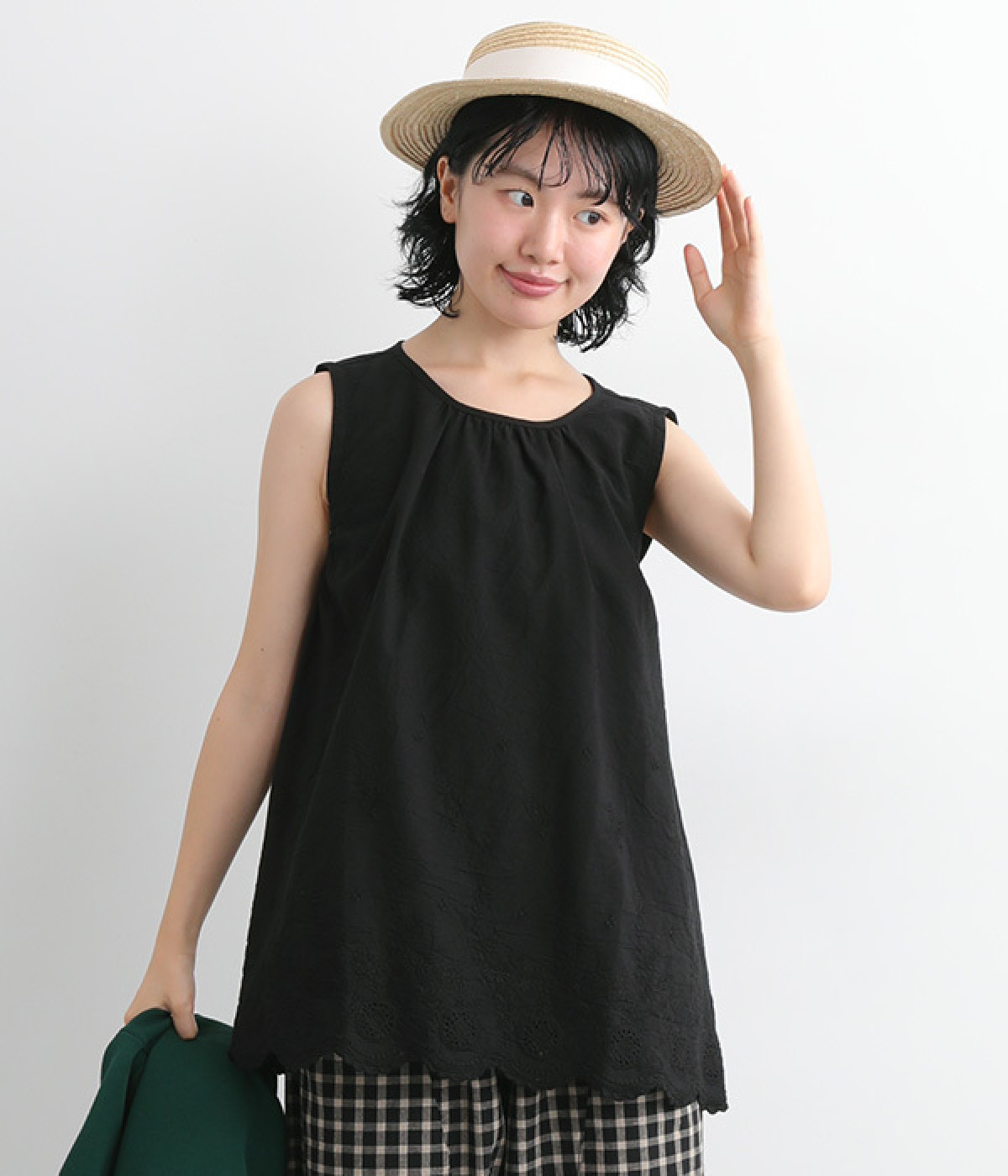 スカラップレースノースリーブブラウス(ブラック-ONESIZE)
