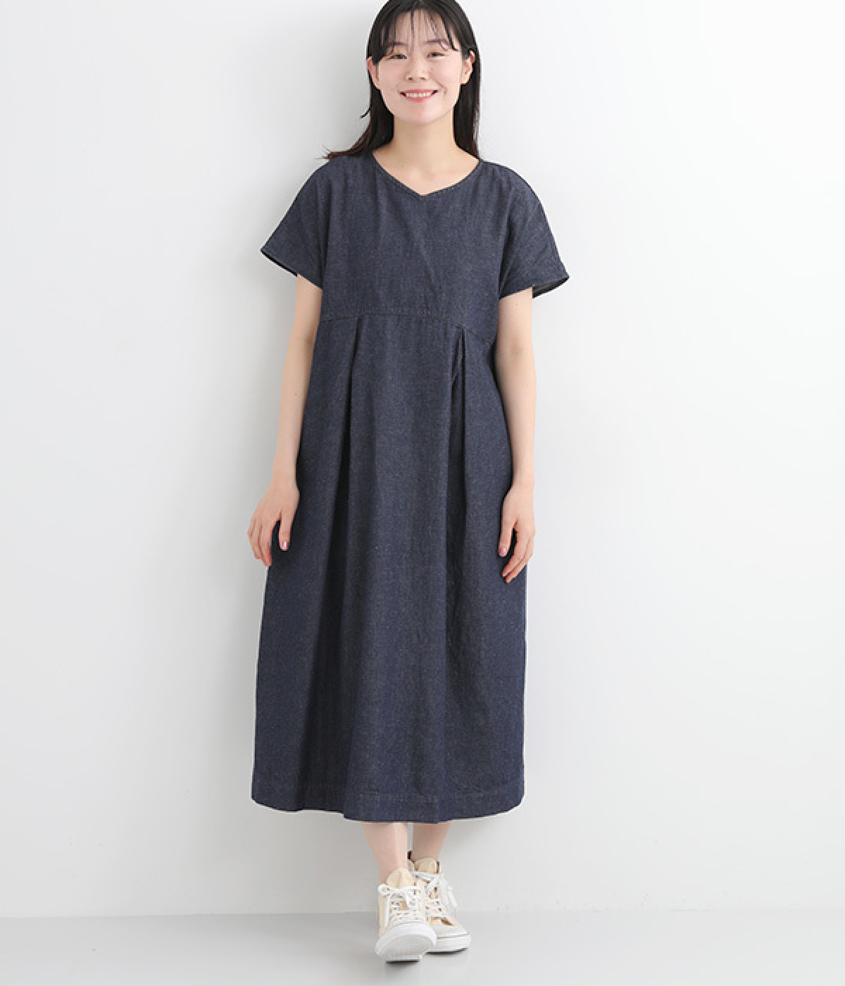 デニム浅Vフレンチスリーブワンピース(ネイビー-ONESIZE)