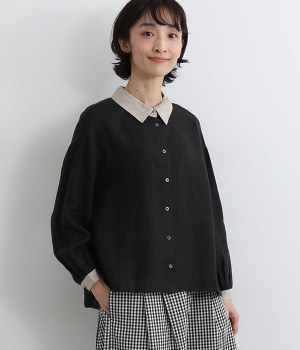 フレンチリネンバイカラーブラウス(ブラックｘオフホワイト-ONESIZE)