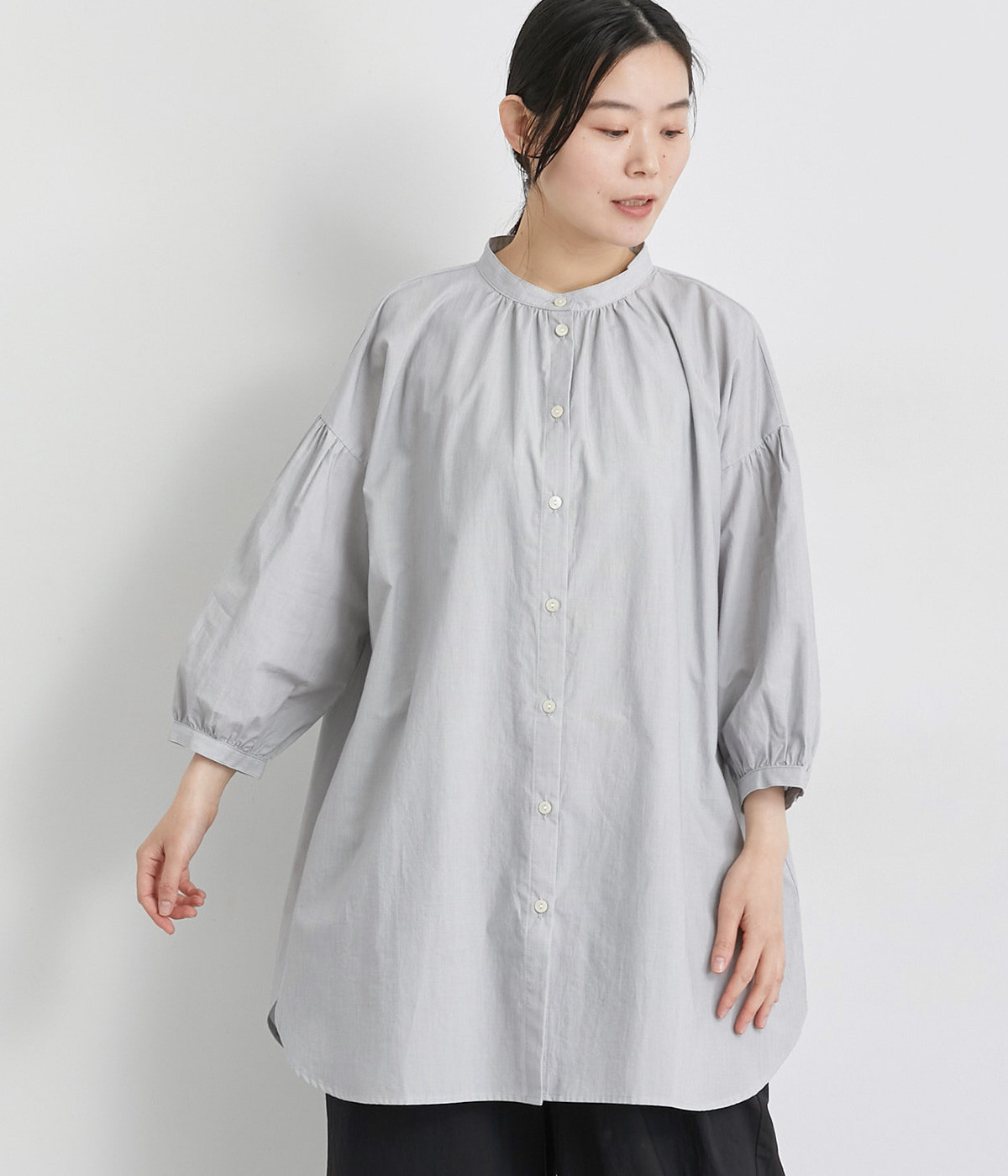 ピンストライプバンドカラーギャザーチュニック(アイボリー-ONESIZE)