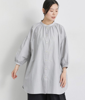 ピンストライプバンドカラーギャザーチュニック(アイボリー-ONESIZE)