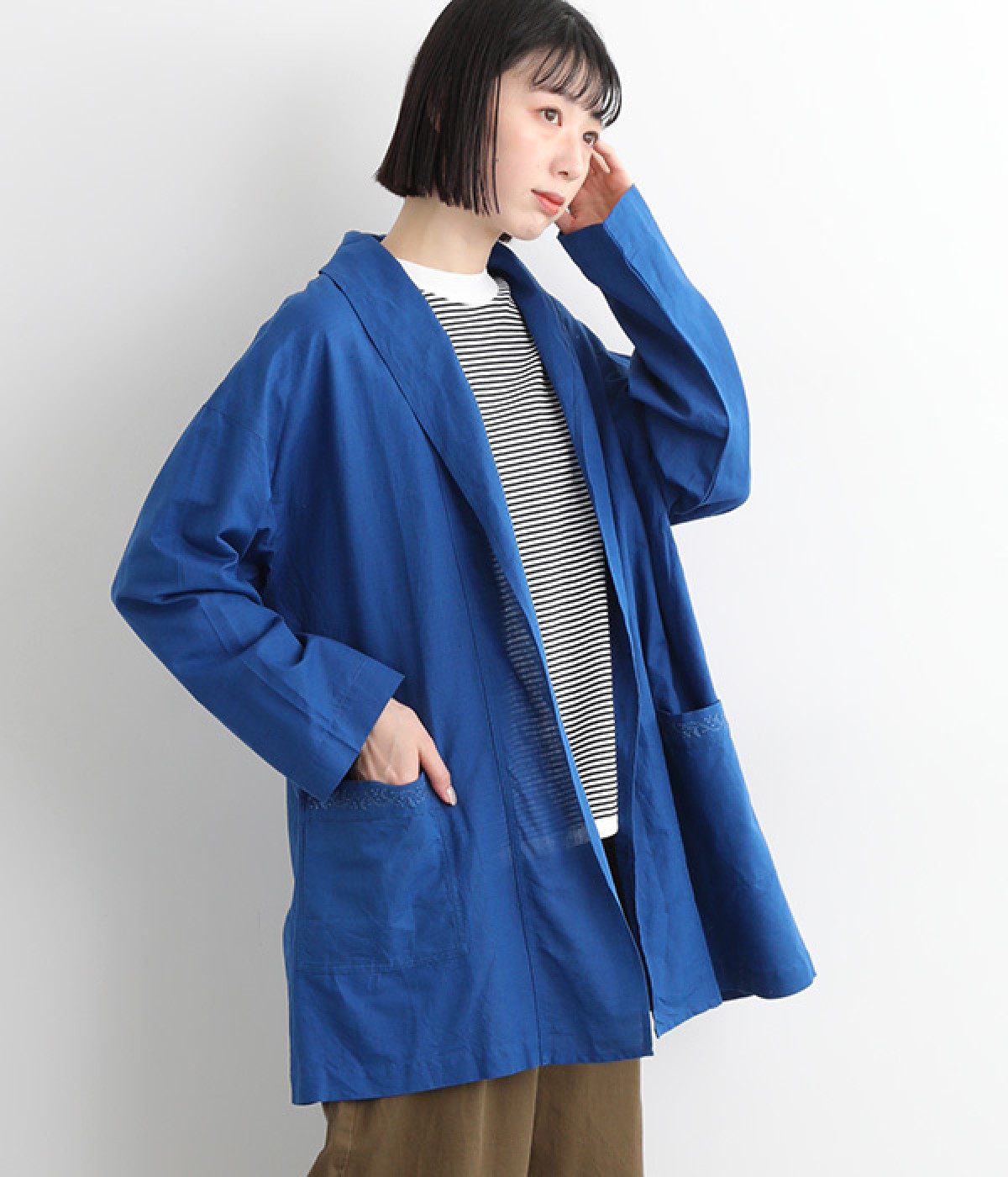 リネンコットンショールカラーガウン(ブルー-ONESIZE)