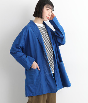 リネンコットンショールカラーガウン(ブルー-ONESIZE)