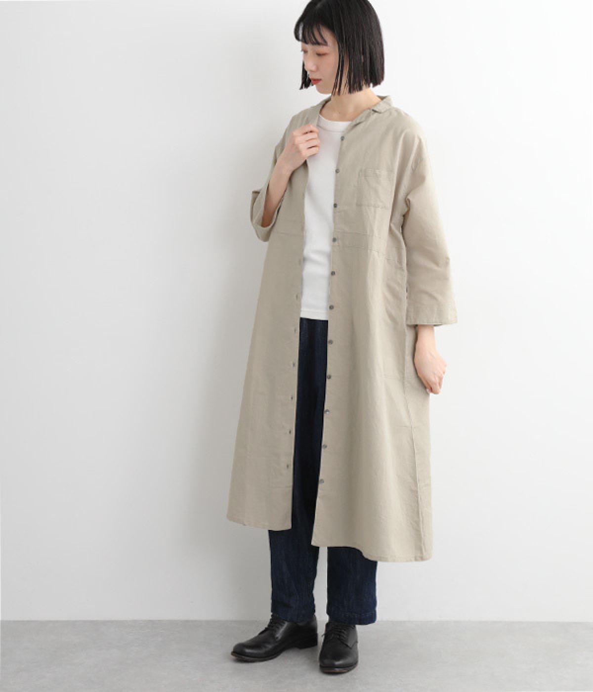 リネンコットンワークコートワンピース(サンドベージュ-ONESIZE)
