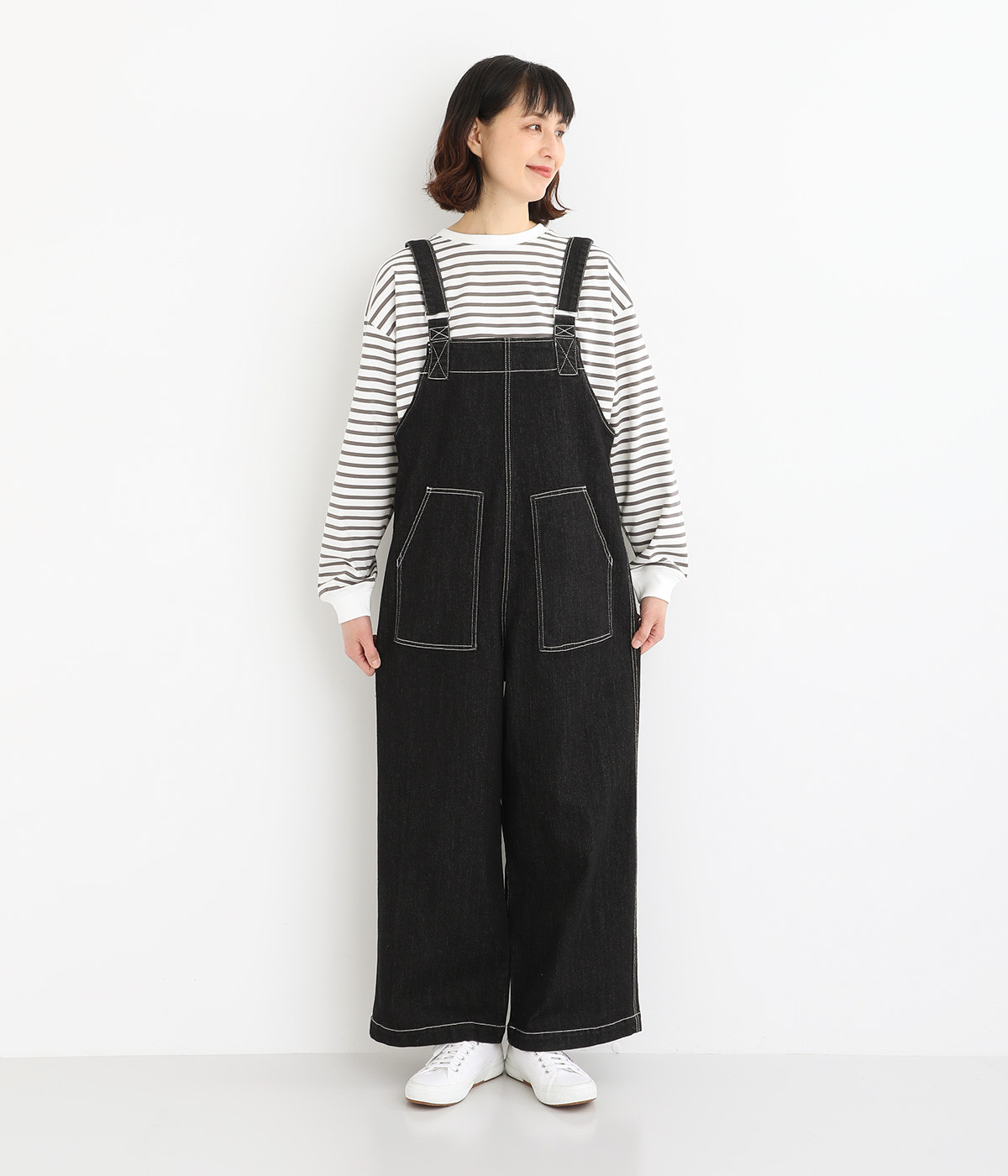 配色ステッチサロペット(ワンウォッシュブラック-L)