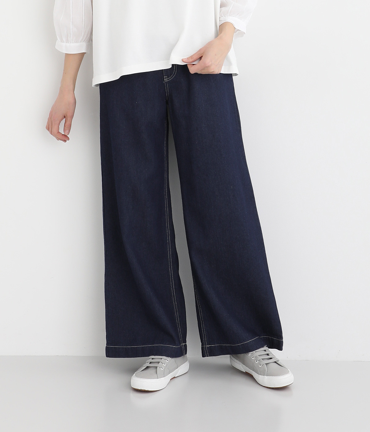 リネン混デニムワイドパンツ(ワンウォッシュ-L)