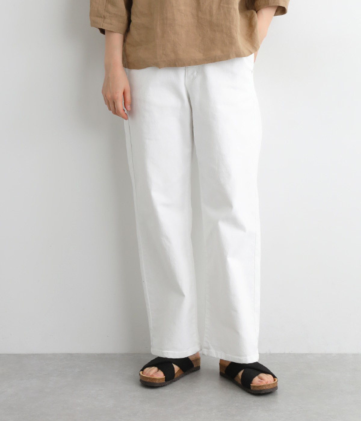 接触冷感ウエストリブストレートワイドパンツ(ウォッシュホワイト-L)