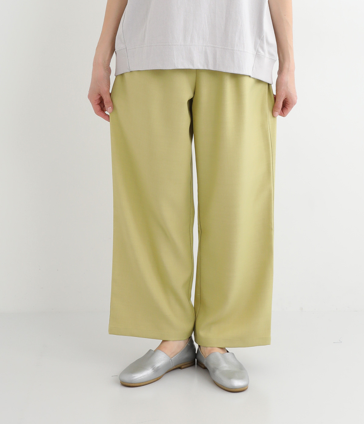 ハイウエストタックワイドパンツ(ライトグリーン-L)